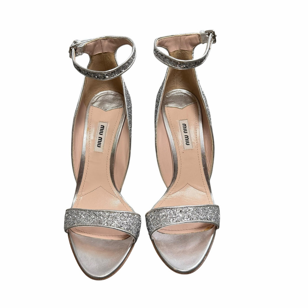 Miu Miu Swarovski Crystal Embellished Glitter Leather Sandals Size 39.5 / US 9.5