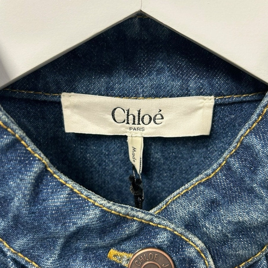 NWT Chloe High Neck Faded Indigo Chain Detail Denim Jacket Womens 36 / US 4