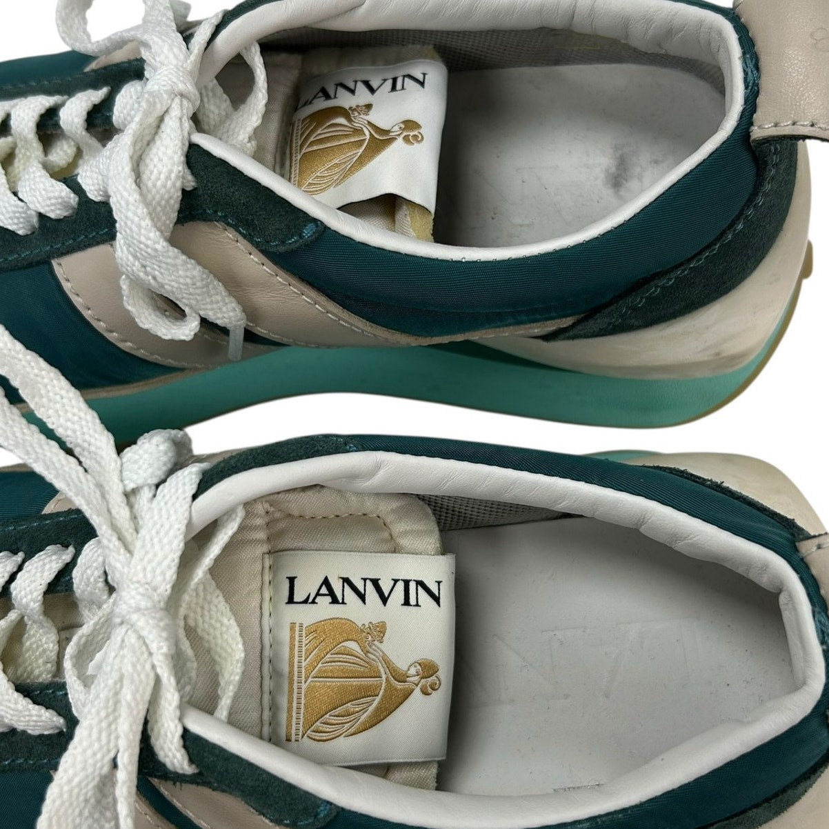 Lanvin Peacock Blue White Bumpr Suede Leather Lace Up Sneakers Womens 37 / US 6