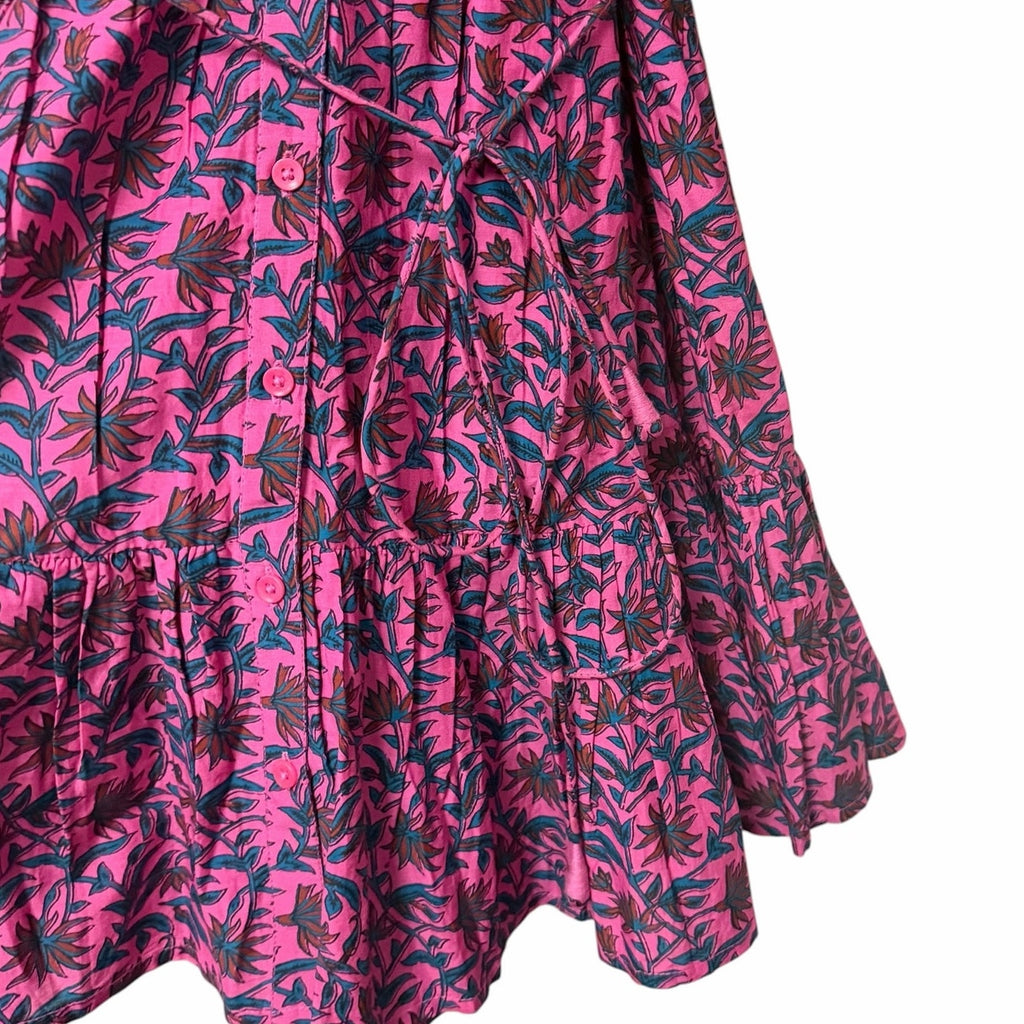 Apiece Apart Palm Floral Mini Mitte Dress Fuchsia Multi Puff Sleeves Size Small