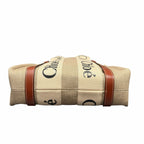 NWT Chloe Woody Small Logo Tote Canvas Linen Leather Shouler Strap White Brown