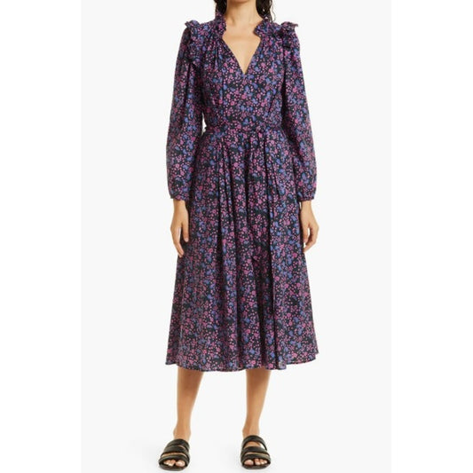 Xirena Black Isley Floral Paisley Long Sleeve Cotton Midi Dress Womens Medium