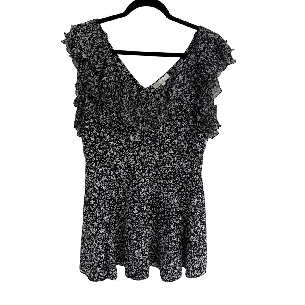 LoveShackFancy Pure Silk Black White Star Print Ruffled Mini Dress Womens 10