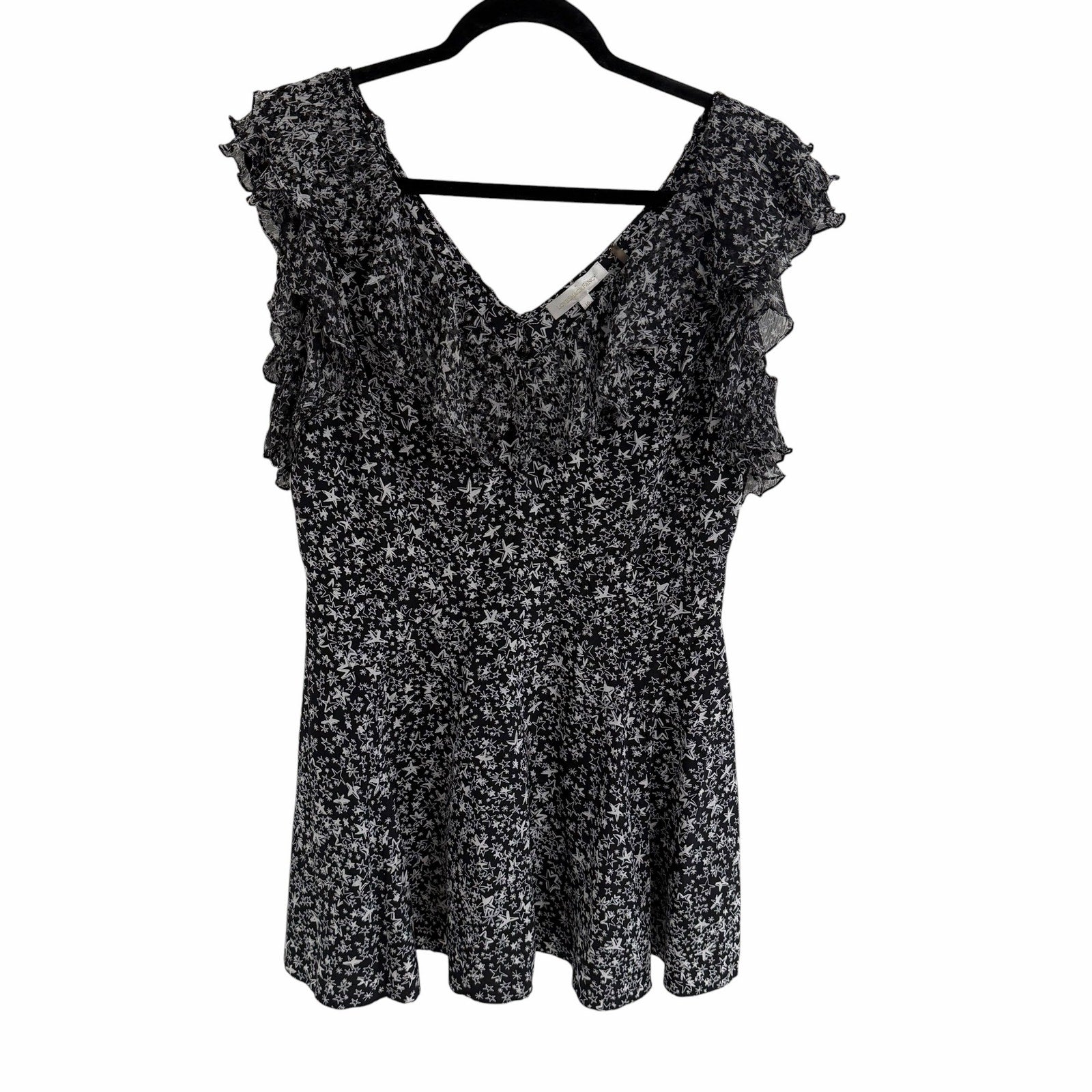 LoveShackFancy Pure Silk Black White Star Print Ruffled Mini Dress Womens 10