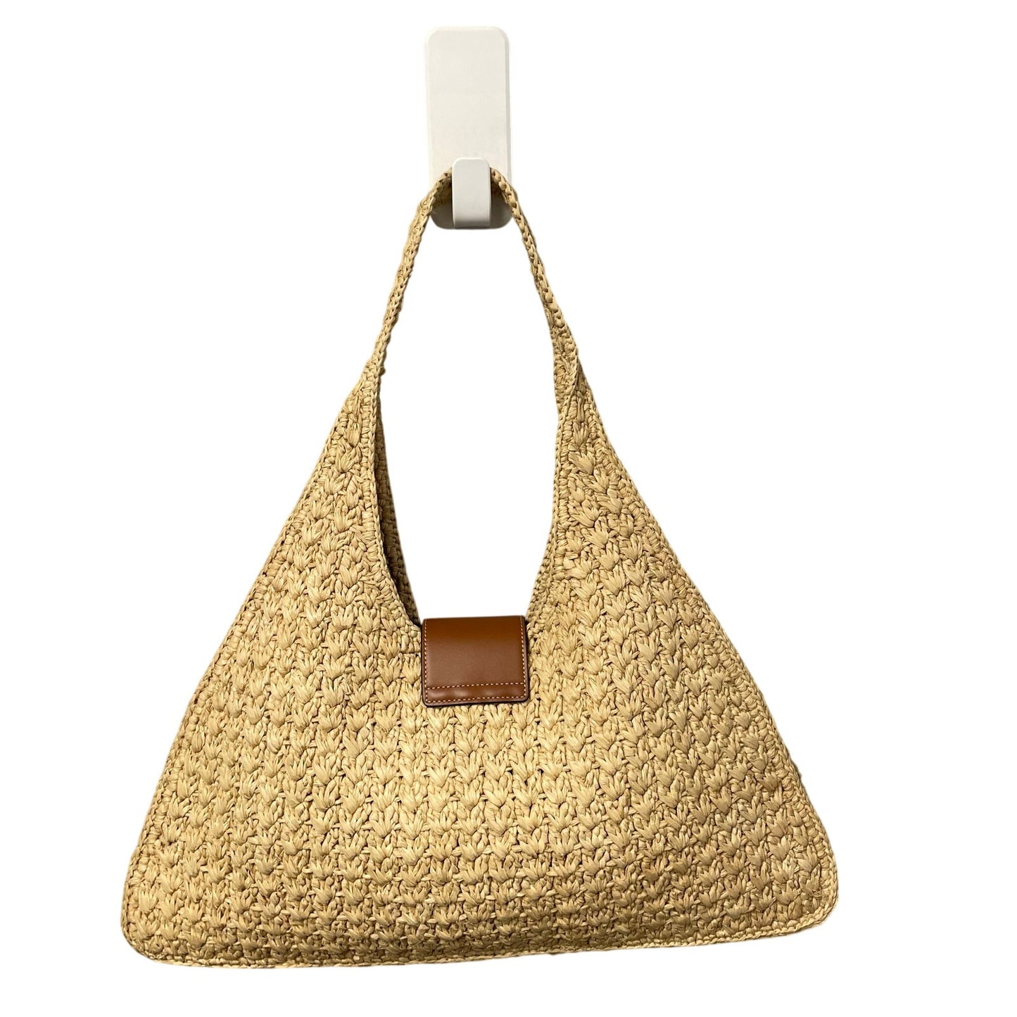 Celine Cabas Triangle Raffia and Calfskin Leather Tote Handbag in Natural / Tan