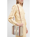 NWT Chloe Woody Small Logo Tote Canvas Linen Leather Shouler Strap White Brown
