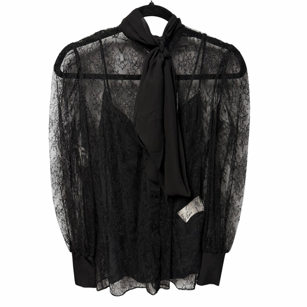 NWT Givenchy Black Lace Button Front Lavaliere Silk Tie Neck Blouse FR 36 / US 4