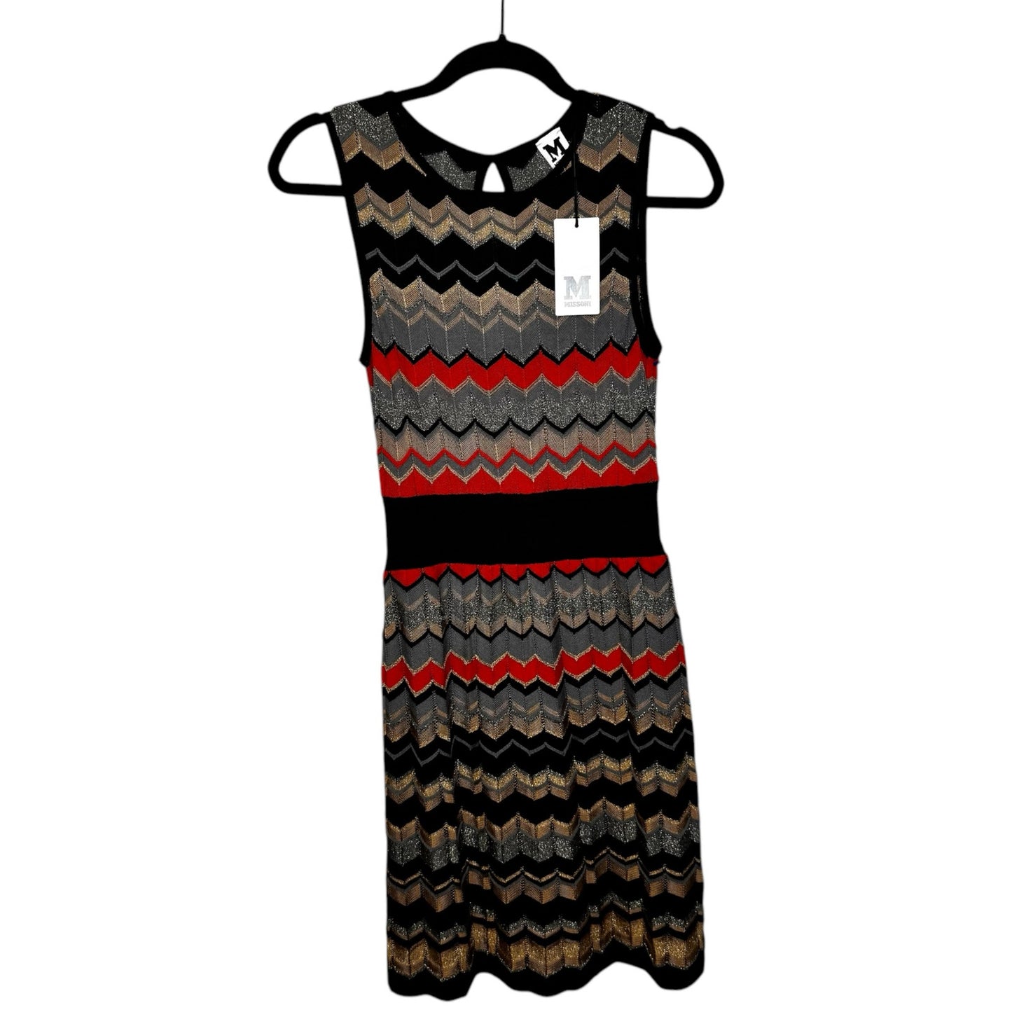 NWT Missoni Black Red Metallic Zigzag Stripe Sleeveless Wool Dress Womens 40