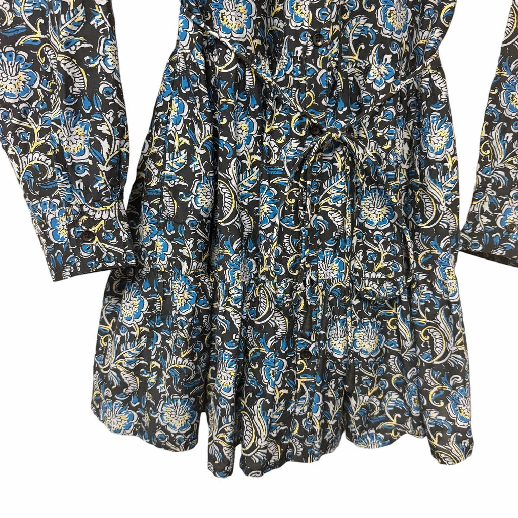 Apiece Apart Long Sleeve Shirt Dress Black Blue Yellow Floral Print Size Small