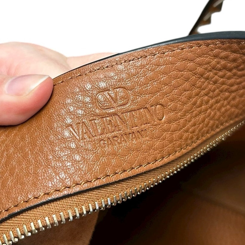 Valentino Garavani Brown Gold Signature Rockstud North-South Leather Tote Bag