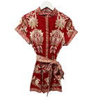 NWT Alice + Olivia Lucy Button Down Romper Serenade Dark Cherry Tie Waist Size 2