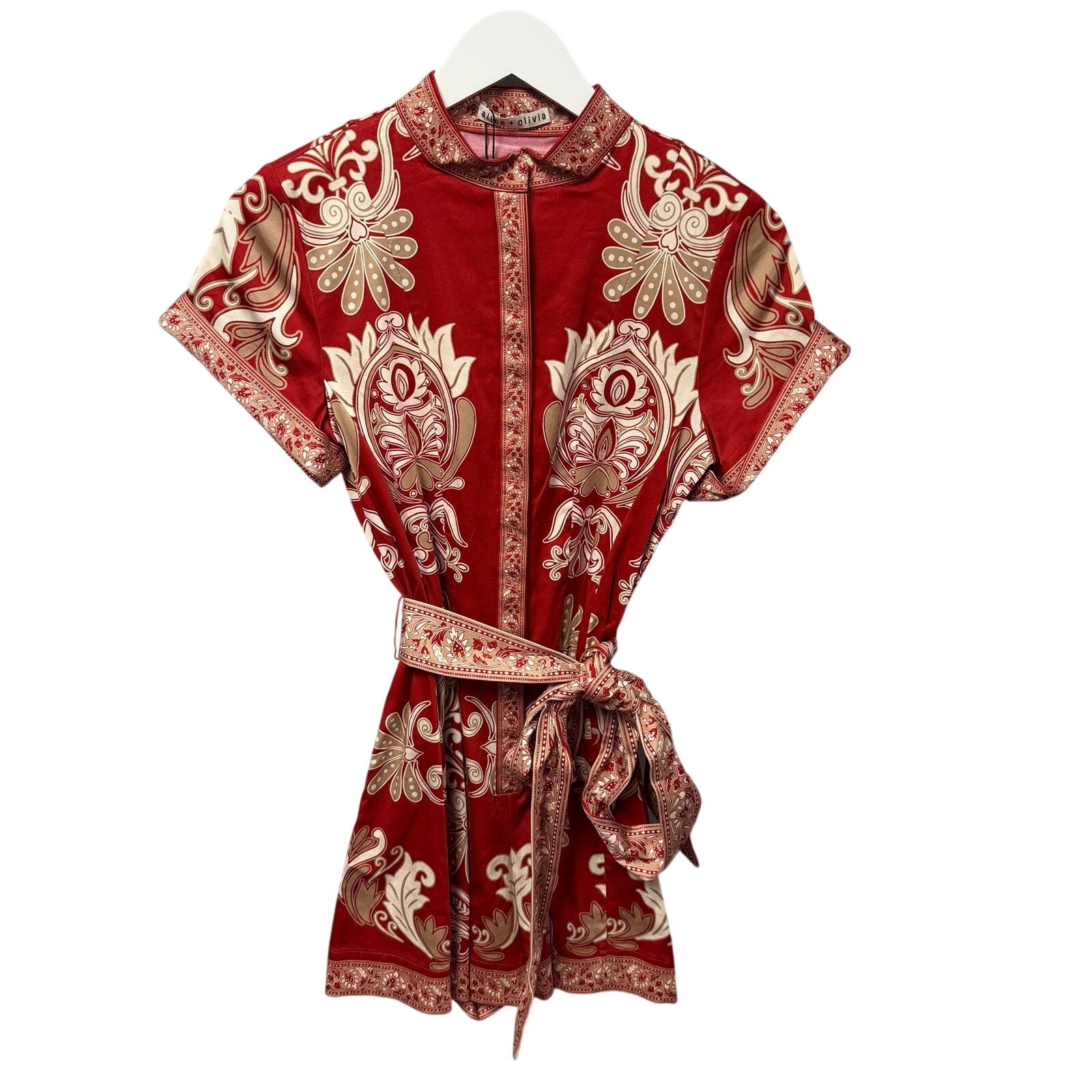 NWT Alice + Olivia Lucy Button Down Romper Serenade Dark Cherry Tie Waist Size 2