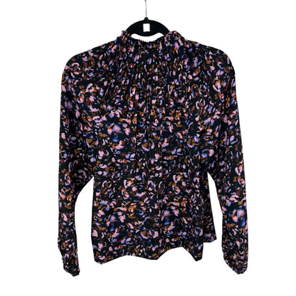 NWT Marie Oliver Black Electric Multi Arden Pleated Ruffle Neck Blouse Womens XS