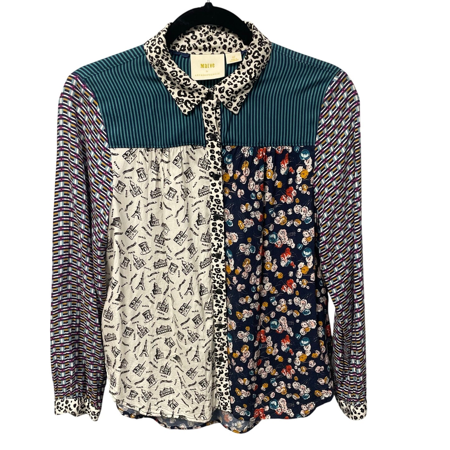 Maeve by Anthropologie Fern Mixed Print Button Up Long Sleeve Top Small Petite