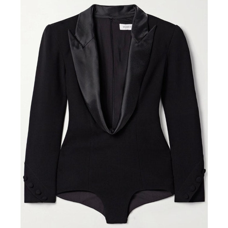 NWT Monot Tuxedo Playsuit Romper Lamé Trim Black Crepe Womens IT 36 / US 0