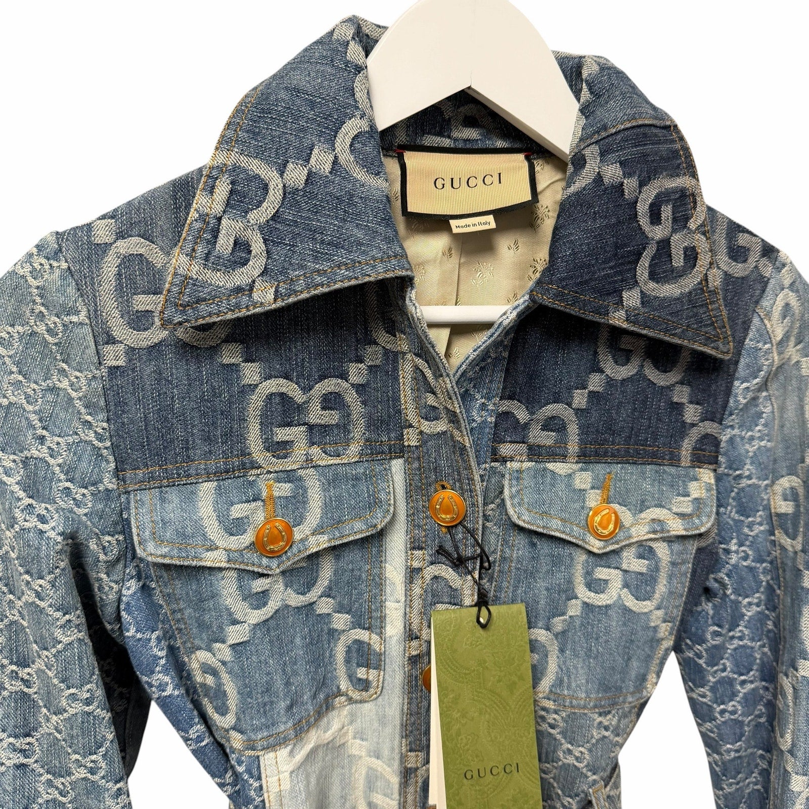 NWT Gucci Eco Washed Patchwork GG Denim Jacket Blue Womens IT 38 / US 2
