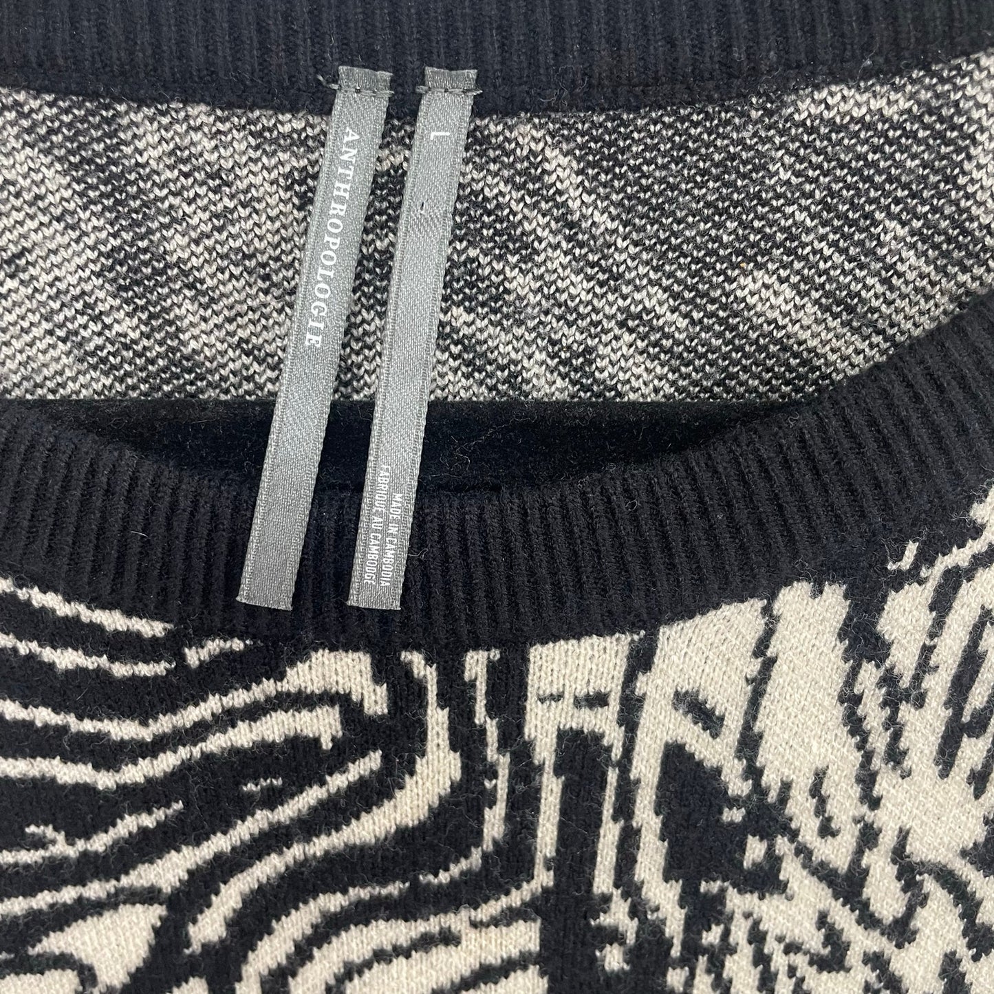 Anthropologie Slim Ruffle Knit Mini Sweater Dress Black Beige Animal Print Large