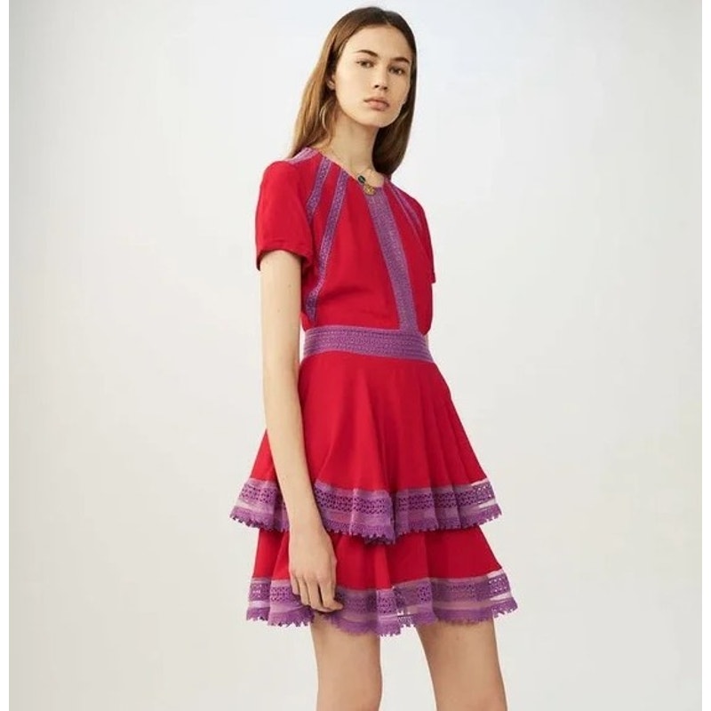Maje Red Purple Lace Short Sleeve Raglia Flounce Tiered Mini Dress Womens 1