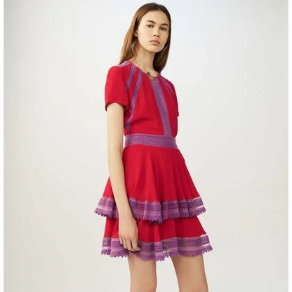 Maje Red Purple Lace Short Sleeve Raglia Flounce Tiered Mini Dress Womens 1