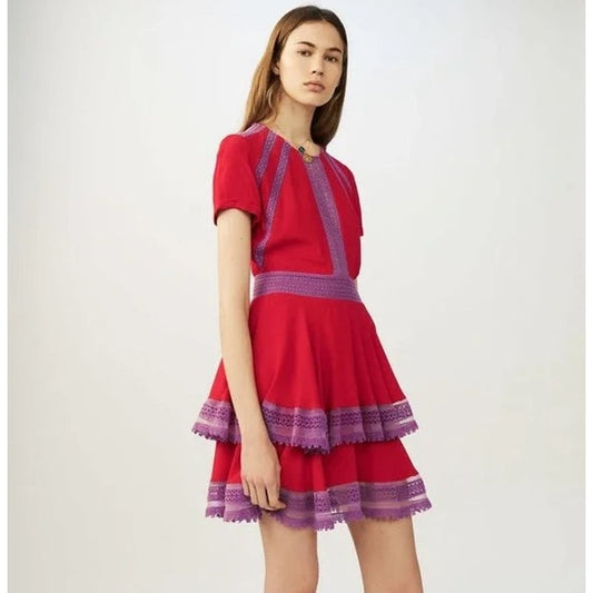 Maje Red Purple Lace Short Sleeve Raglia Flounce Tiered Mini Dress Womens 1