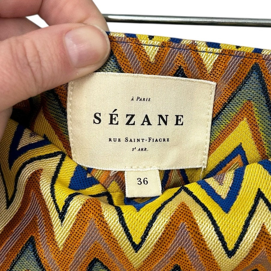 Sezane Jenson Yellow Multicolor Jacquard ZigZag Print Trousers Womens 36 / US 4