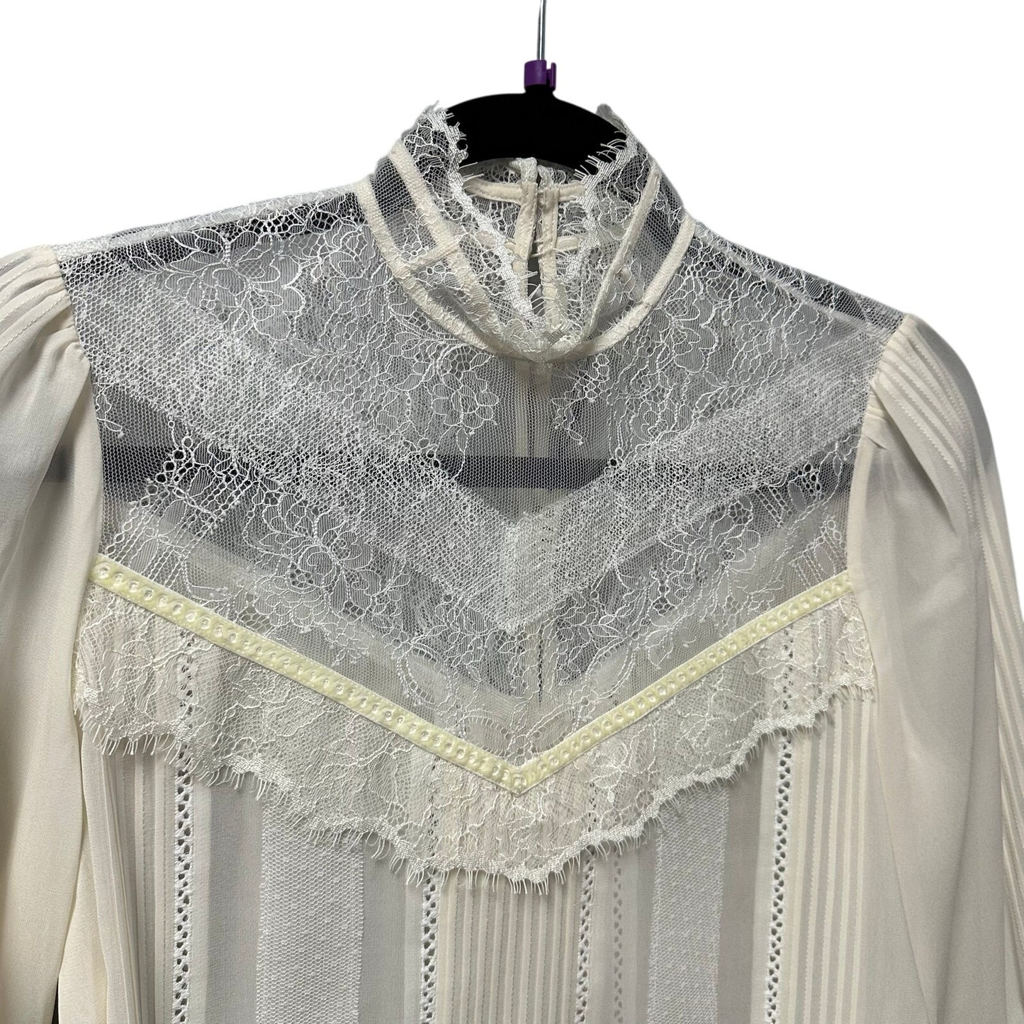 NWT Alice + Olivia Brett Victorian Sleeve Trumpet Neck Blouse Cream Womens Small
