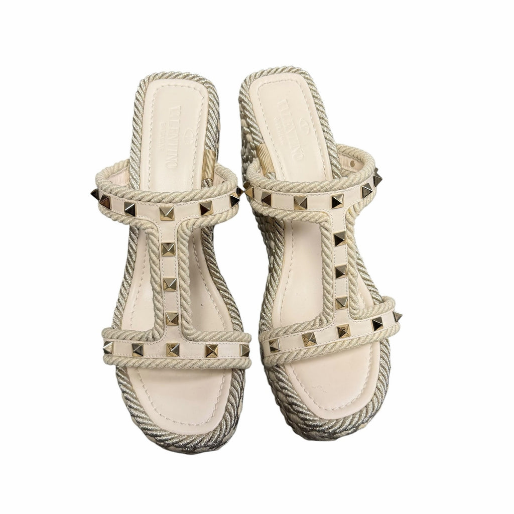 Valentino Garavani Rockstud Torchon Espadrille Caged Wedge Sandals Ivory US 9