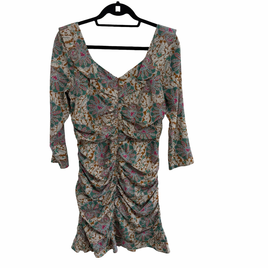 Veronica Beard Lozano Ruched Printed Silk Blend Crepe Mini Dress Womens 12