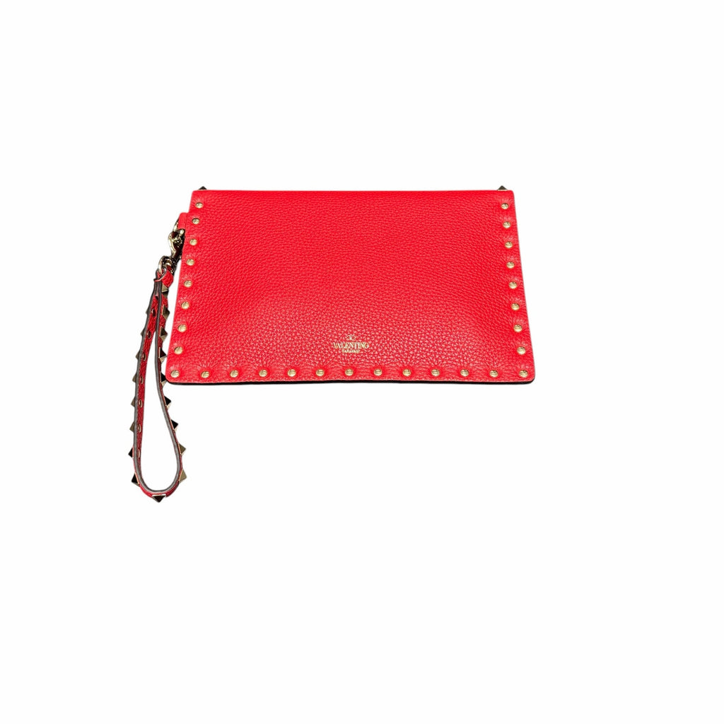 Valentino Garavani Rockstud Envelope Clutch Bag Red Pebbled Leather Edgy Luxury