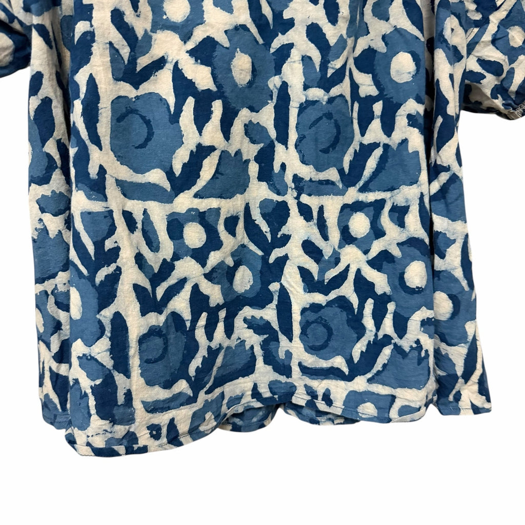 Apiece Apart Lumina Popover Blouse Organic Cotton Batik Floral Indigo Print XS