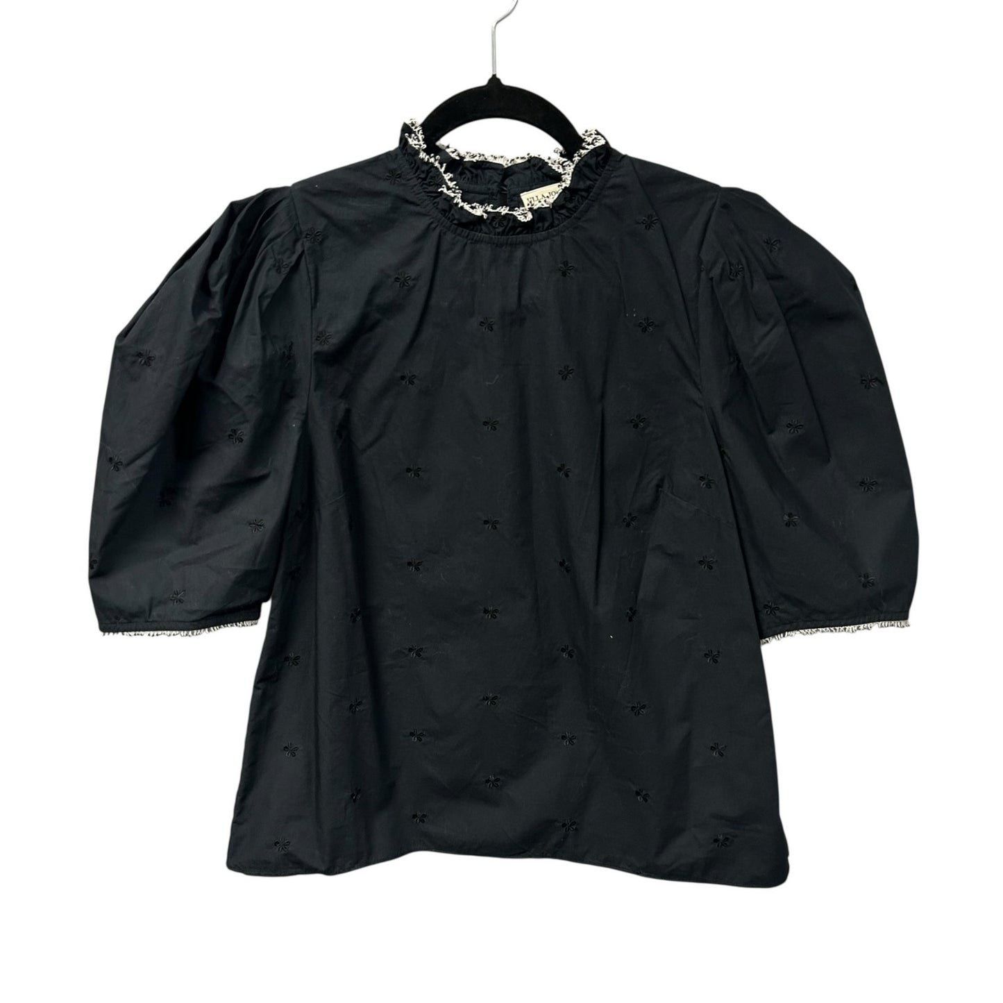 Ulla Johnson Black Beaded Trim Cotton Short Puff Sleeve Boden Top Womens Size 2