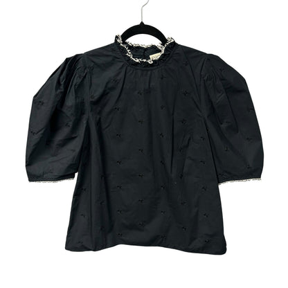 Ulla Johnson Black Beaded Trim Cotton Short Puff Sleeve Boden Top Womens Size 2