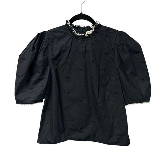 Ulla Johnson Black Beaded Trim Cotton Short Puff Sleeve Boden Top Womens Size 2