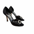 Manolo Blahnik Black Satin Jeweled Sedaraby Heels Crystal Buckle Size 38 / US 8