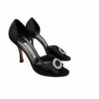Manolo Blahnik Black Satin Jeweled Sedaraby Heels Crystal Buckle Size 38 / US 8