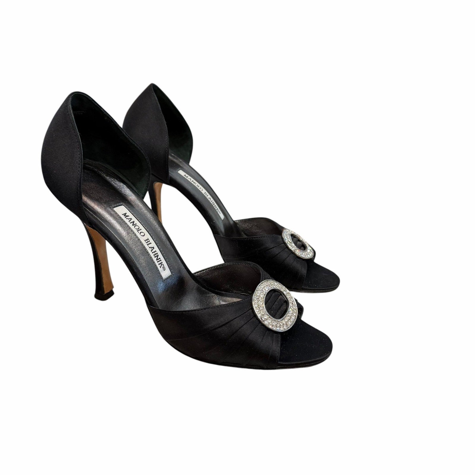 Manolo Blahnik Black Satin Jeweled Sedaraby Heels Crystal Buckle Size 38 / US 8