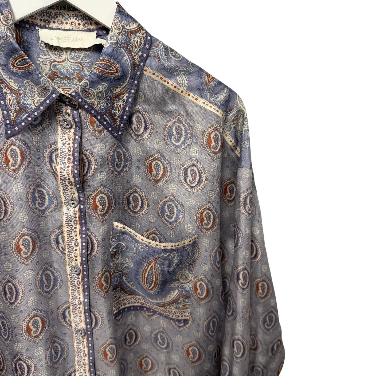 Zimmermann Vitali Relaxed Fit Blouse Button Up Blue Paisley Silk AU 2 / US 8