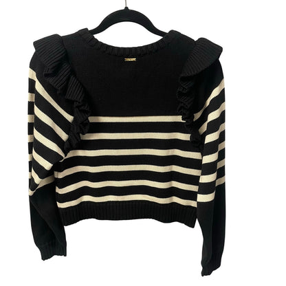 Cleobella Blair Sweater Black Cream Striped Ruffle Accent Crewneck Size Medium