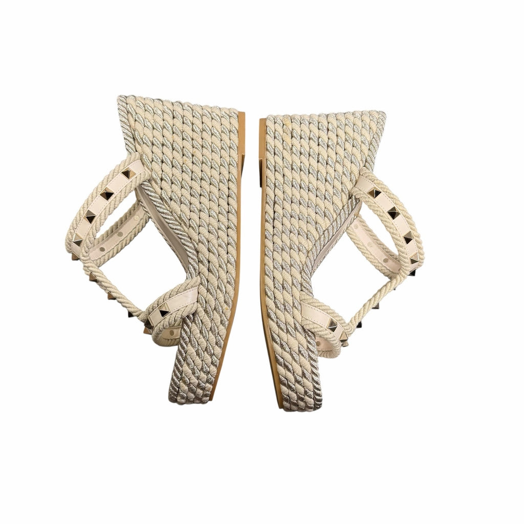Valentino Garavani Rockstud Torchon Espadrille Caged Wedge Sandals Ivory US 9