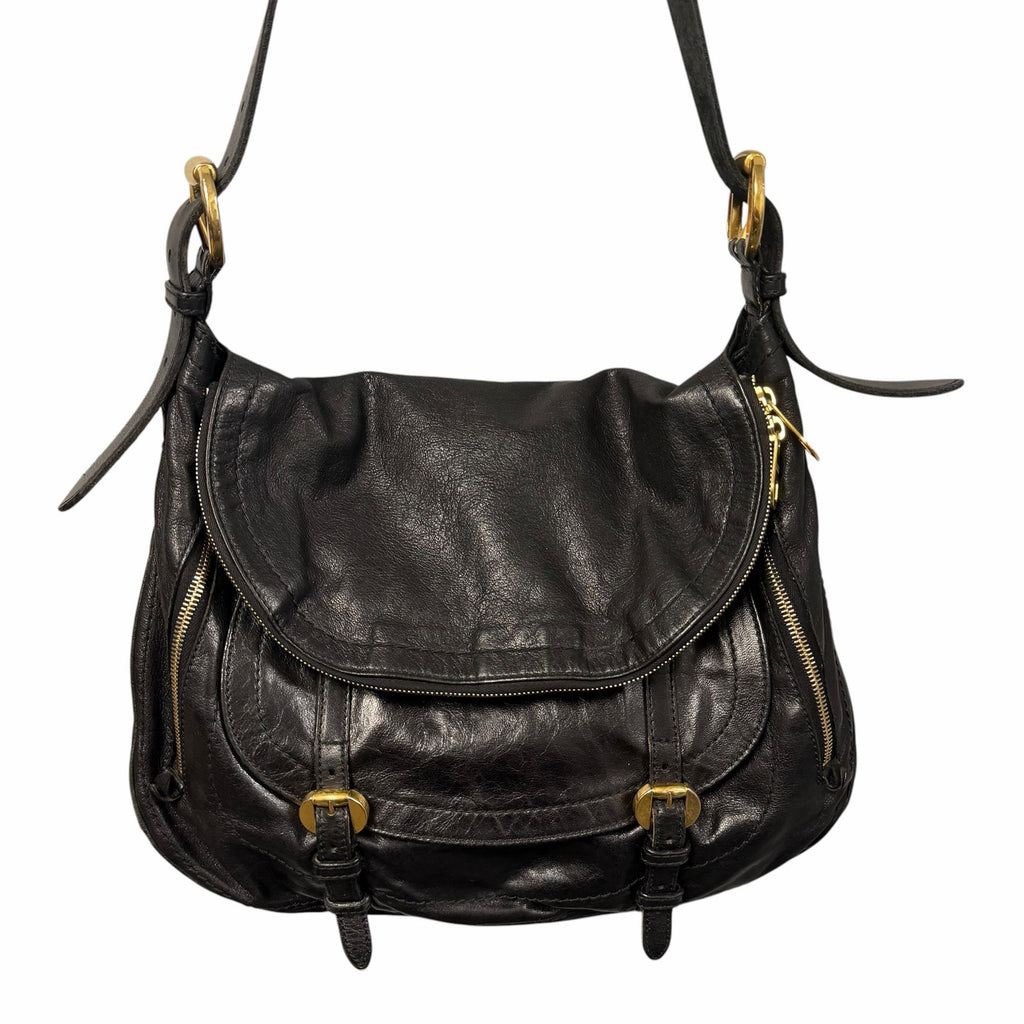 Alexander McQueen Black Leather Front Flap Messenger Handbag Gold Toned Hardware