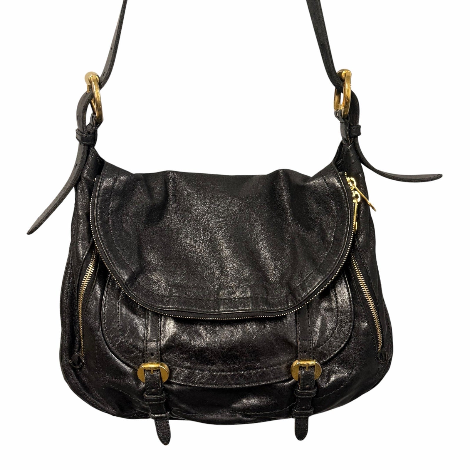 Alexander McQueen Black Leather Front Flap Messenger Handbag Gold Toned Hardware