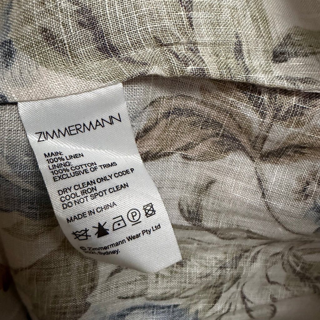 Zimmermann Aliane Roll Cuff Playsuit Khaki Floral Pure Linen Size AU 3 / US 10