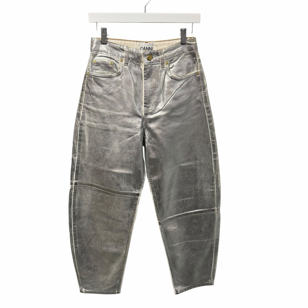 NWT Ganni Foil Denim Stary Pant Bright White Metallic Silver Size 25 Retro Party