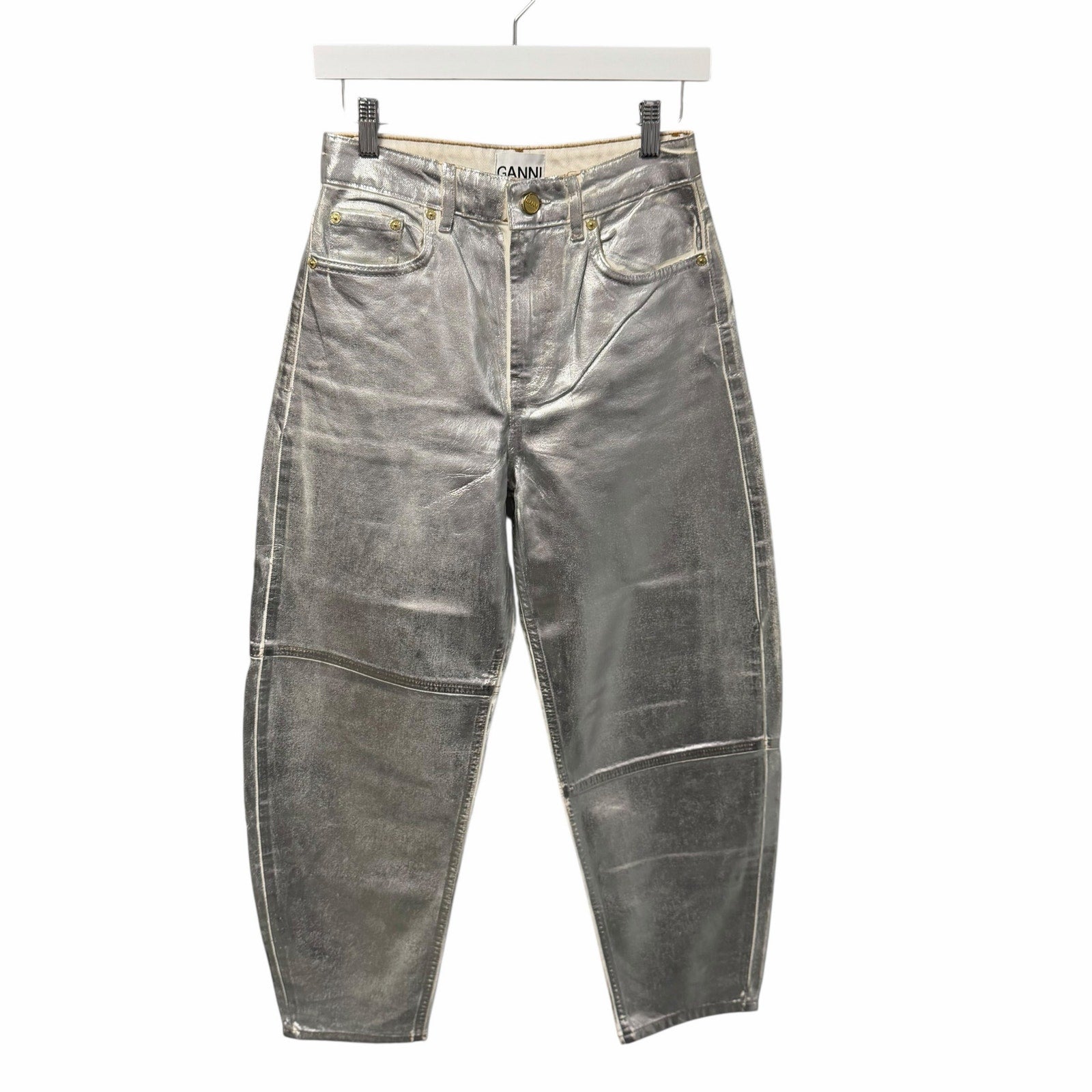 NWT Ganni Foil Denim Stary Pant Bright White Metallic Silver Size 25 Retro Party