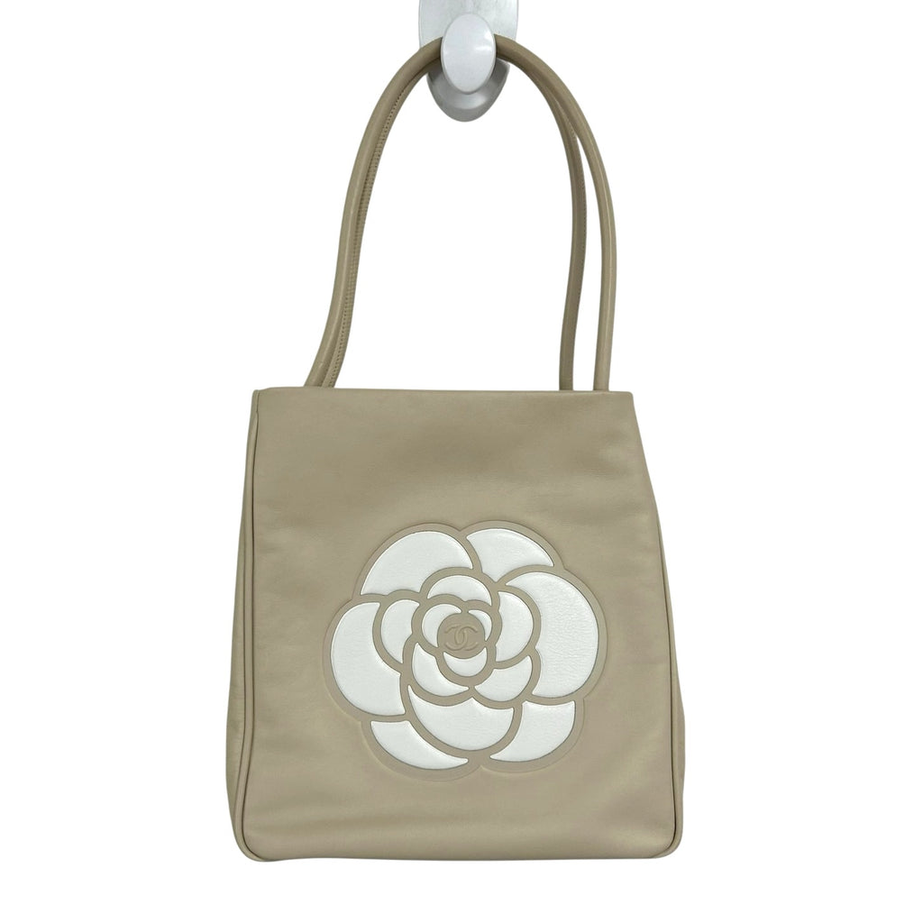 Chanel Beige Leather White Flower Camellia Double Handle Tote Shoulder Bag