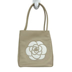 Chanel Beige Leather White Flower Camellia Double Handle Tote Shoulder Bag