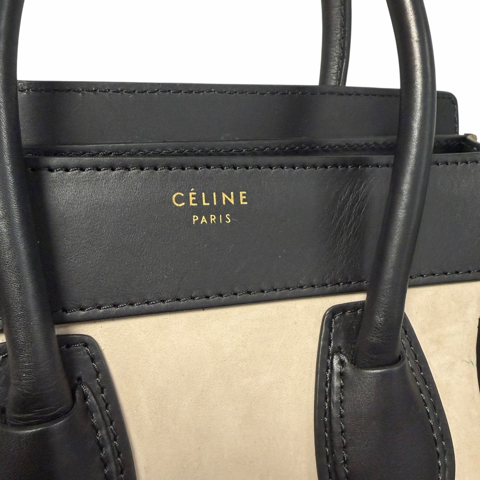 Celine Tricolor Luggage Handbag Color Block Neutrals Leather Green Black Beige