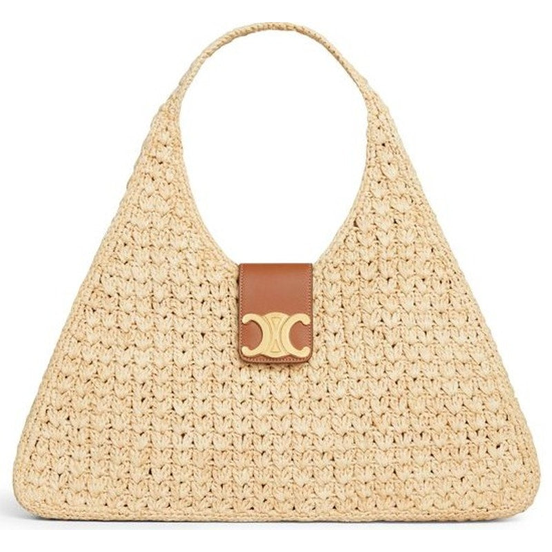 Celine Cabas Triangle Raffia and Calfskin Leather Tote Handbag in Natural / Tan