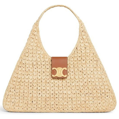 Celine Cabas Triangle Raffia and Calfskin Leather Tote Handbag in Natural / Tan