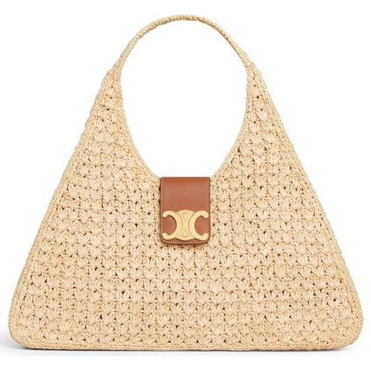 Celine Cabas Triangle Raffia and Calfskin Leather Tote Handbag in Natural / Tan